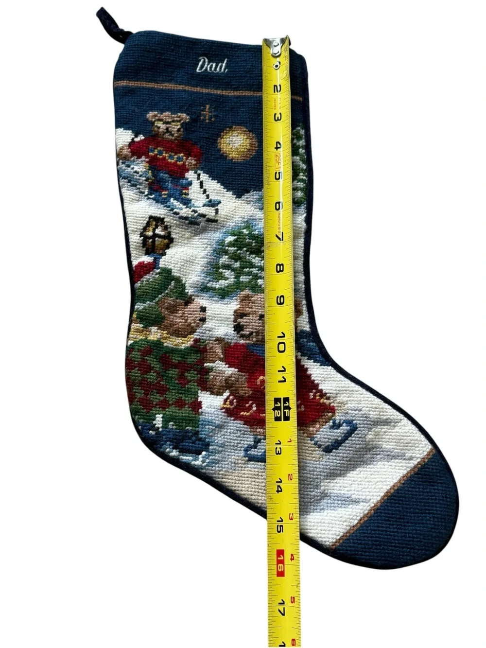 Vintage Wool Needlepoint Dad Teddy Bear Christmas Stocking Ski Lodge Holiday 17”